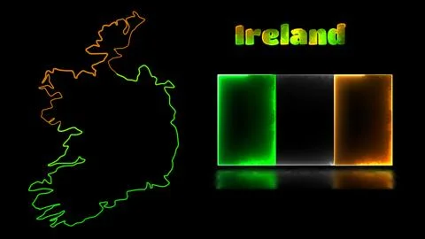 Looping neon glow effect icons, national flag of Ireland and map, black bac.. Stock Illustration