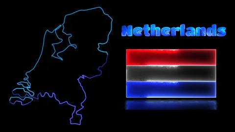 Looping neon glow effect icons, national flag of Netherlands and map, black.. Stock Illustration