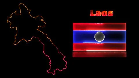 Looping neon glow effect icons, national flag of Laos and map, black backgrou Stock Illustration
