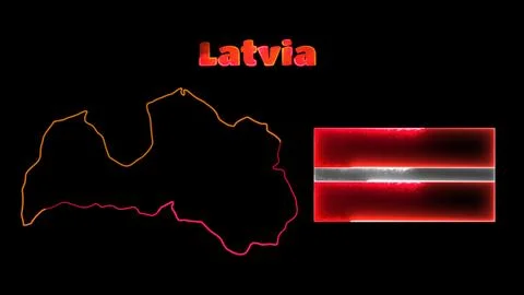 Looping neon glow effect icons, national flag of Latvia and map, black back.. Stock Illustration