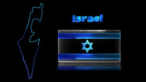 Looping neon glow effect icons, national flag of Israel and map, black back.. Stock Illustration