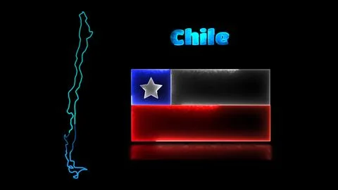 Looping neon glow effect icons, national flag of Chile and map, black backg.. Stock Illustration