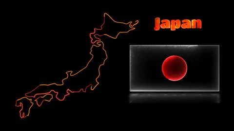Looping neon glow effect icons, national flag of Japan and map, black backg.. Stock Illustration