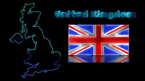 Looping neon glow effect icons, national flag of United Kingdom and map, bl.. Stock Illustration