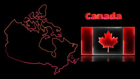 Looping neon glow effect icons, national flag of Canada and map, black back.. Stock Illustration