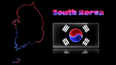 Looping neon glow effect icons, national flag of South Korea and map, black.. Stock Illustration