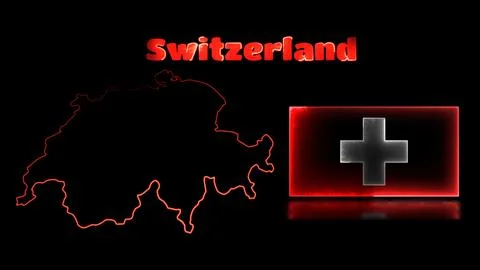 Looping neon glow effect icons, national flag of Switzerland and map, black.. Stock Illustration