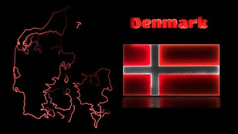 Looping neon glow effect icons, national flag of Denmark and map, black bac.. Stock Illustration