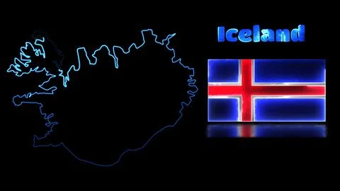 Looping neon glow effect icons, national flag of Iceland and map, black bac.. Stock Illustration