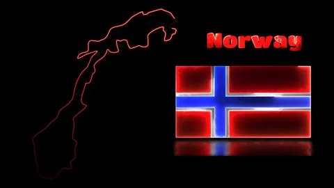Looping neon glow effect icons, national flag of Norway and map, black back.. Stock Illustration
