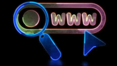 Looping neon glow effect Magnifying glass icon, search website, black backg.. Stock Illustration