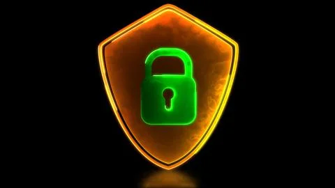 Looping neon glow effect Security protection padlock and shield icon, black.. Stock-Illustration