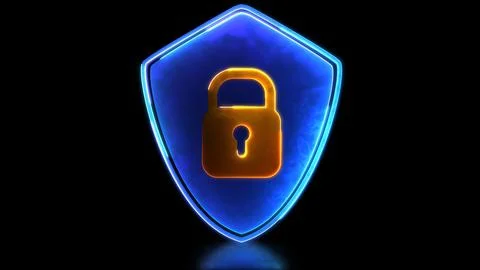 Looping neon glow effect Security protection padlock and shield icon, black.. Ilustração Stock