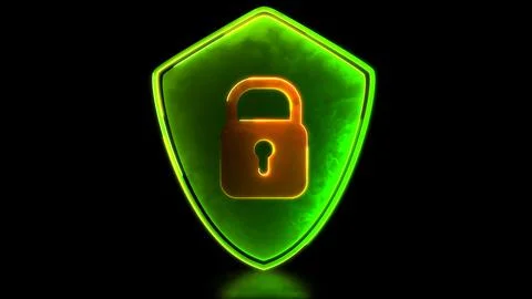 Looping neon glow effect Security protection padlock and shield icon, black.. Stock Illustration