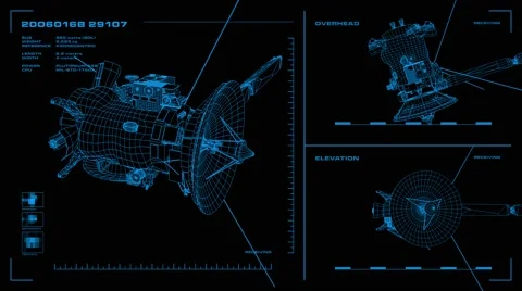 Looping, orthographic view of rotating wireframe model of Cassini spacecraft.  Stock Footage 56948742
