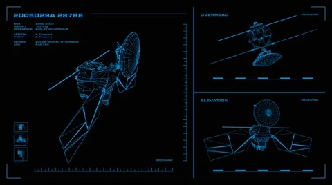 Looping, orthographic view of rotating wireframe model of MRO spacecraft Stock Footage 56953237