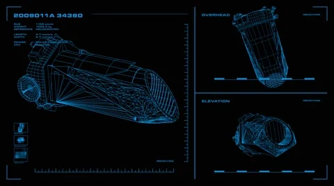 Looping, orthographic view of rotating wireframe model of Kepler spacecraft.  Stock Footage 56954368