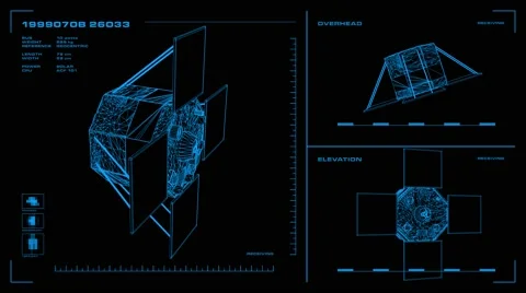 Looping, orthographic view of rotating wireframe model of AcrimSat spacecraft.  Stock Footage 57110999