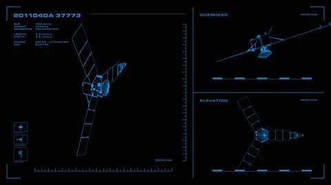 Looping, orthographic view of rotating wireframe model of Juno spacecraft.  Stock Footage 61756758