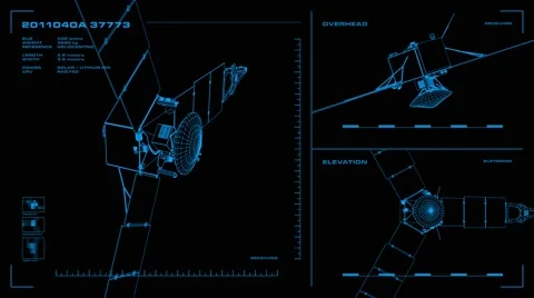 Looping, orthographic view of rotating wireframe model of Juno spacecraft. Stock Footage 65687452