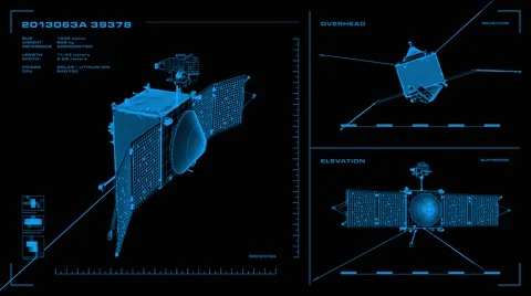 Looping, orthographic view of rotating wireframe model of Maven spacecraft. Stock Footage 65698531