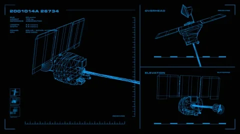 Looping, orthographic view of rotating wireframe model of Odyssey spacecraft. Stock Footage 65703503