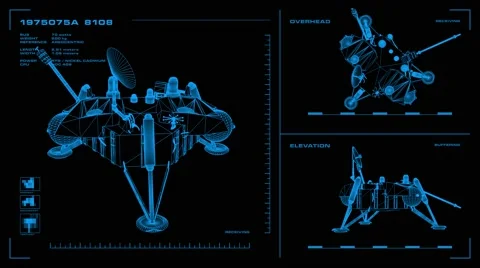 Looping, orthographic view of rotating wireframe model of Viking Lander spacecra Stock Footage 65706766