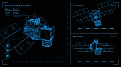 Looping, orthographic view of rotating wireframe model of ICESat spacecraft. Stock Footage 66284285