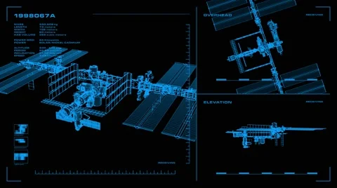 Looping, orthographic view of rotating wireframe model of the ISS Stock Footage 66654140