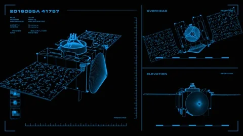 Looping, orthographic view of rotating wireframe model of OSIRIS-REx spacecraft Stock Footage 67522635