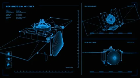 Looping, orthographic view of rotating wireframe model of OSIRIS-REx spacecraft Stock Footage 68170969