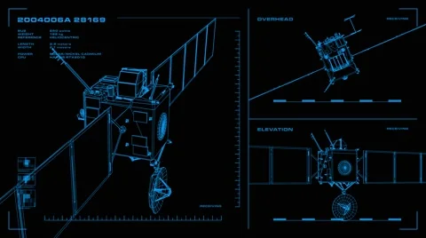 Looping, orthographic view of rotating wireframe model of Rosetta spacecraft Stock Footage 68172991