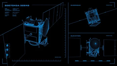Looping, orthographic view of rotating wireframe model of Dawn spacecraft. Stock Footage 69854665