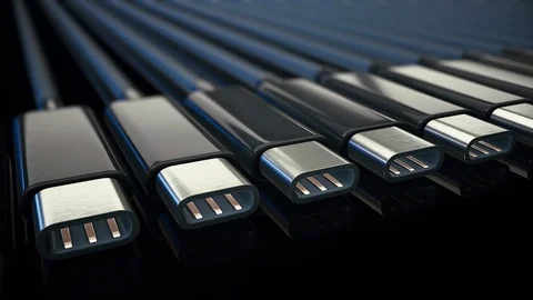 Looping Pan Over Cooly Lit Endless Line of USB-C Cables Stock Footage 77905879