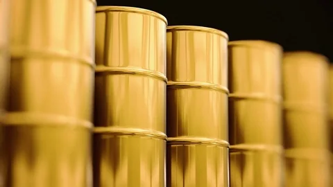 Looping Pan over an Endless Line of Gold Barrels Stock Footage 77583637