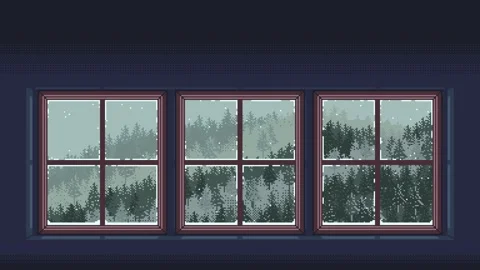 Looping pixel art animation of winter forest view with snowfall Video stock 318964091