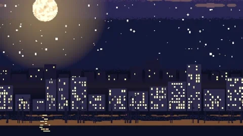Looping pixel-art skyline cycling window lights and moving train lights along Stock Footage 337885927