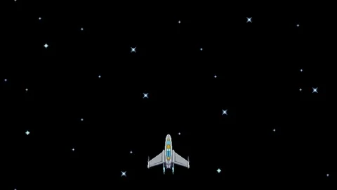 Looping pixel art spaceship flight in space with glowing stars and central empty Stock Footage 318443408