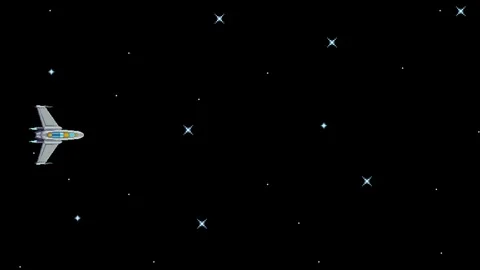 Looping pixel art of a spaceship flying in space with glowing stars and central Stock Footage 317813444