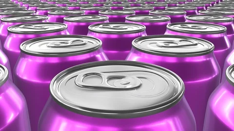 Looping realistic 60 fps 3D animation of the pink aluminum soda cans in UHD Stock-Footage 107405608