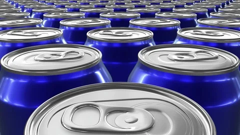 Looping realistic 60 fps 3D animation of the blue aluminum soda cans in UHD Video stock 107405844