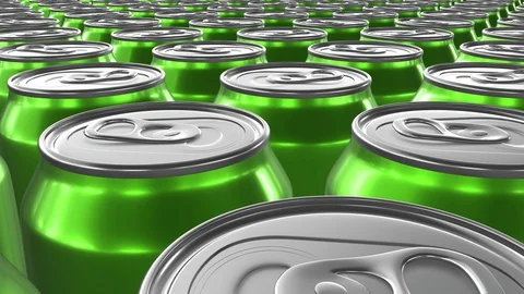 Looping realistic 60 fps 3D animation of the green aluminum soda cans in UHD Stockbeeldmateriaal 107405875