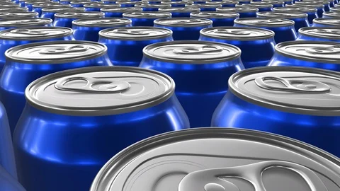 Looping realistic 60 fps 3D animation of the blue aluminum soda cans in UHD Видео 107450318