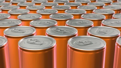Looping realistic 60 fps 3D animation of the orange aluminum soda cans in UHD Video stock 107784991