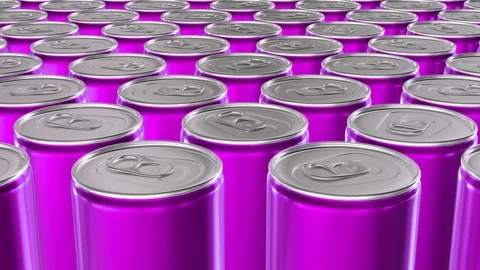 Looping realistic 60 fps 3D animation of the pink aluminum soda cans in UHD Video stock 107785072