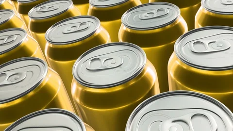 Looping realistic 60 fps 3D animation of the yellow aluminum soda cans in UHD Video stock 108075942