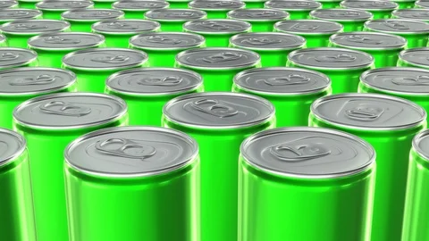 Looping realistic 60 fps 3D animation of the green aluminum soda cans in UHD Stockbeeldmateriaal 108076055