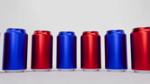 Looping Red and Blue 3D Aluminum Cans Rotating Carousel over White Background Stock Footage 201093322