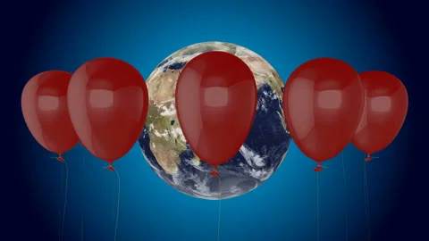 Looping Red Balloons rotation around the world Stock Footage 164557074