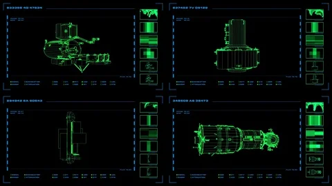 Looping, reversible four-panel wireframe display of modular elements with data Stock-Footage 76663788